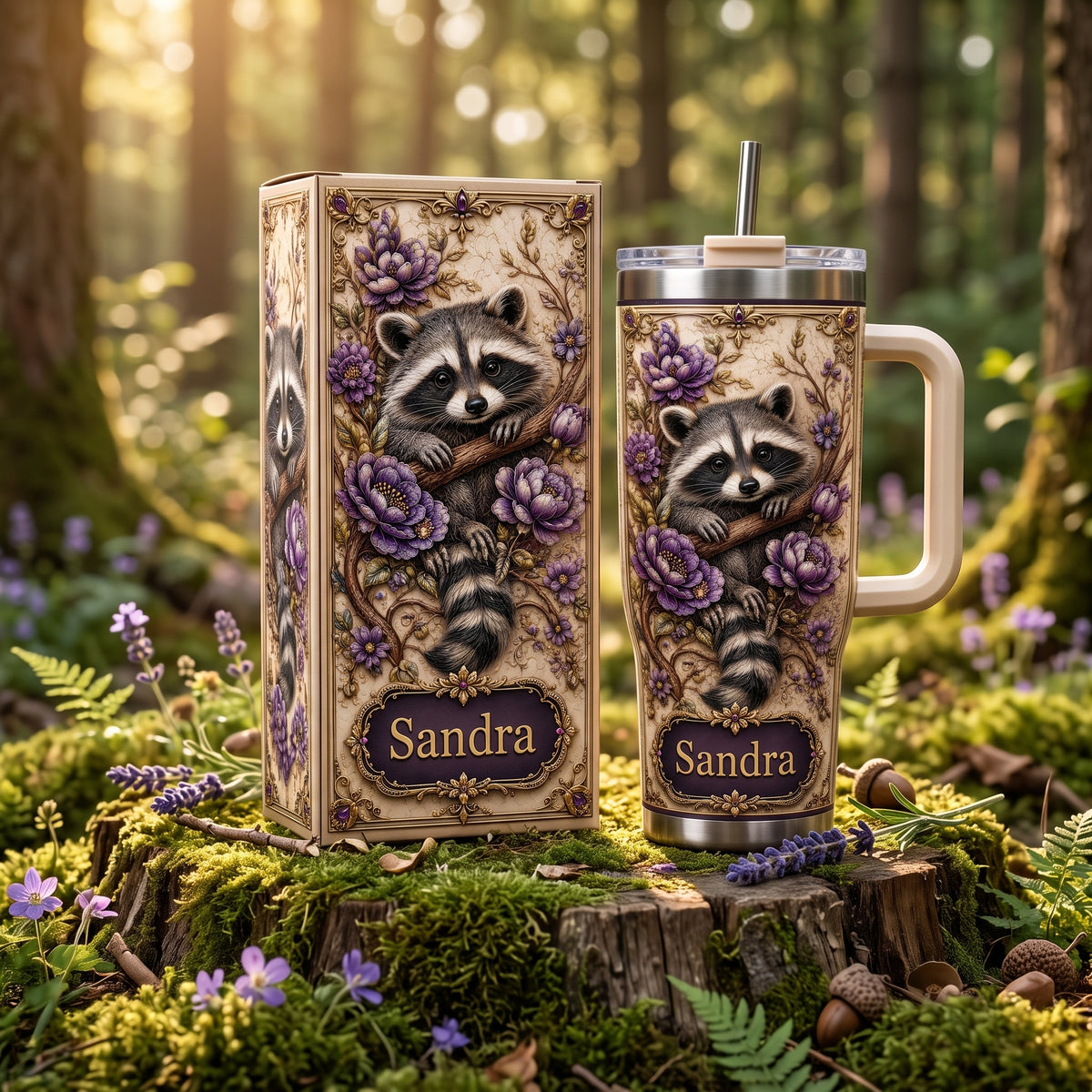 Personalized Woodland Raccoon Floral Tumbler