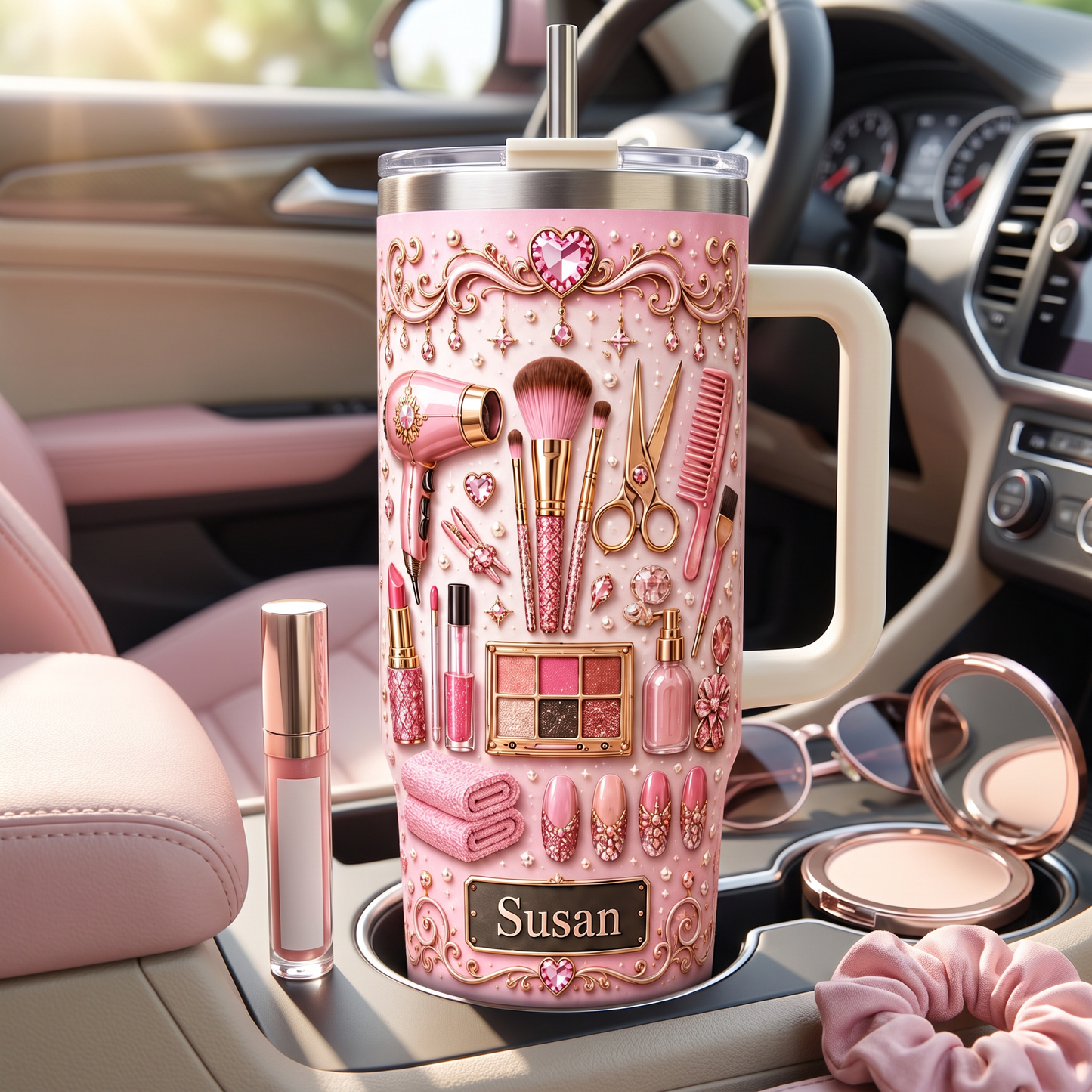 Personalized pink makeup-themed tumbler