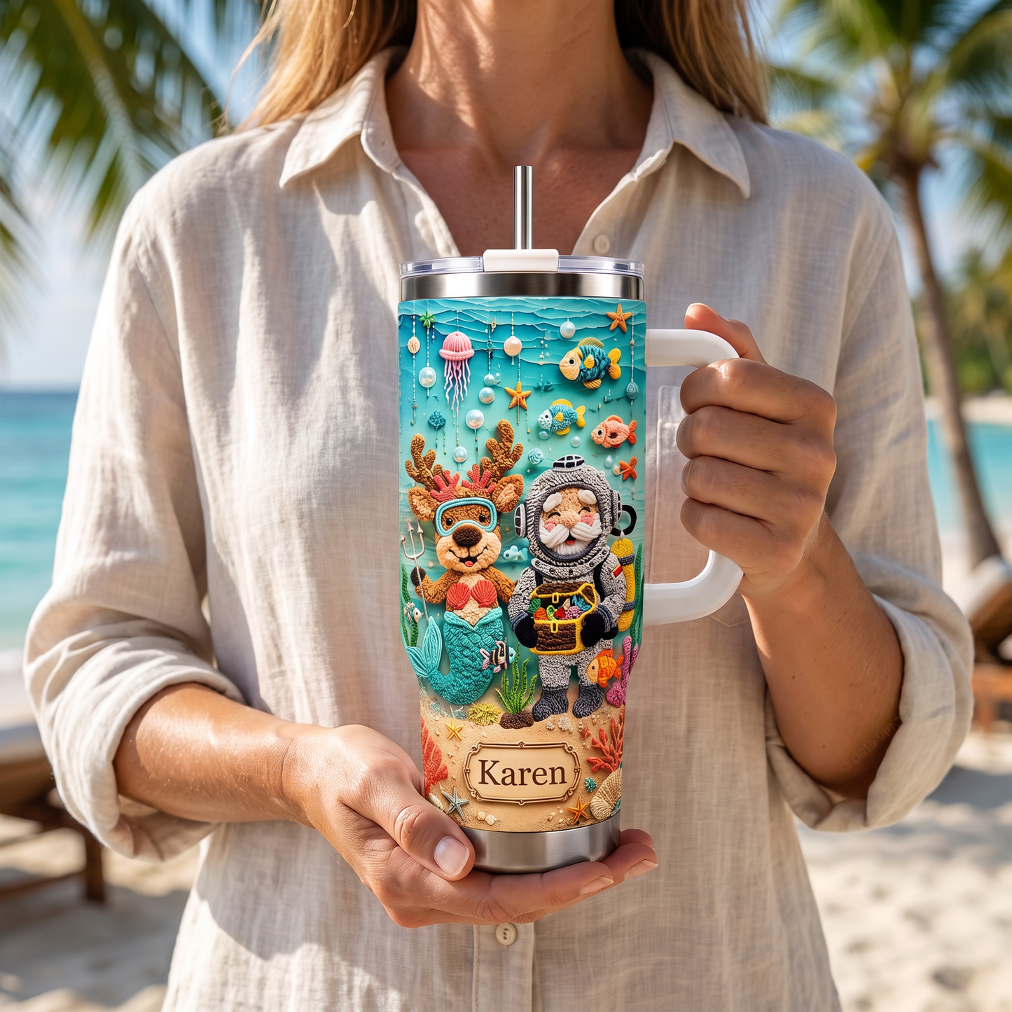 Personalized Beach Christmas Santa & Mermaid Reindeer Tumbler With Name