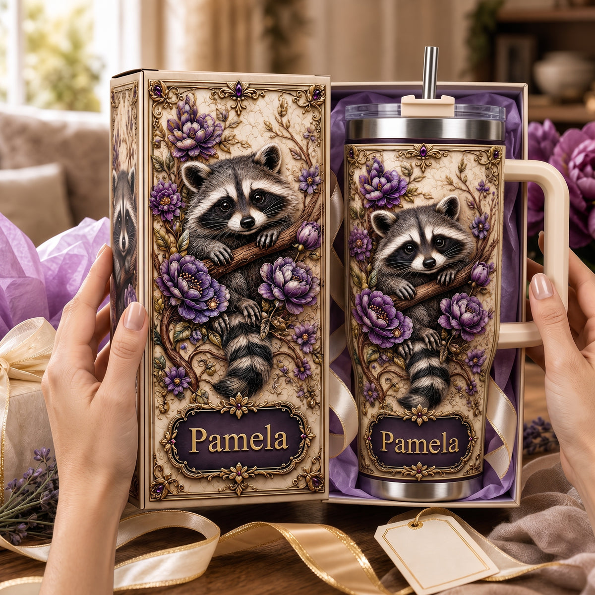 Personalized Woodland Raccoon Floral Tumbler