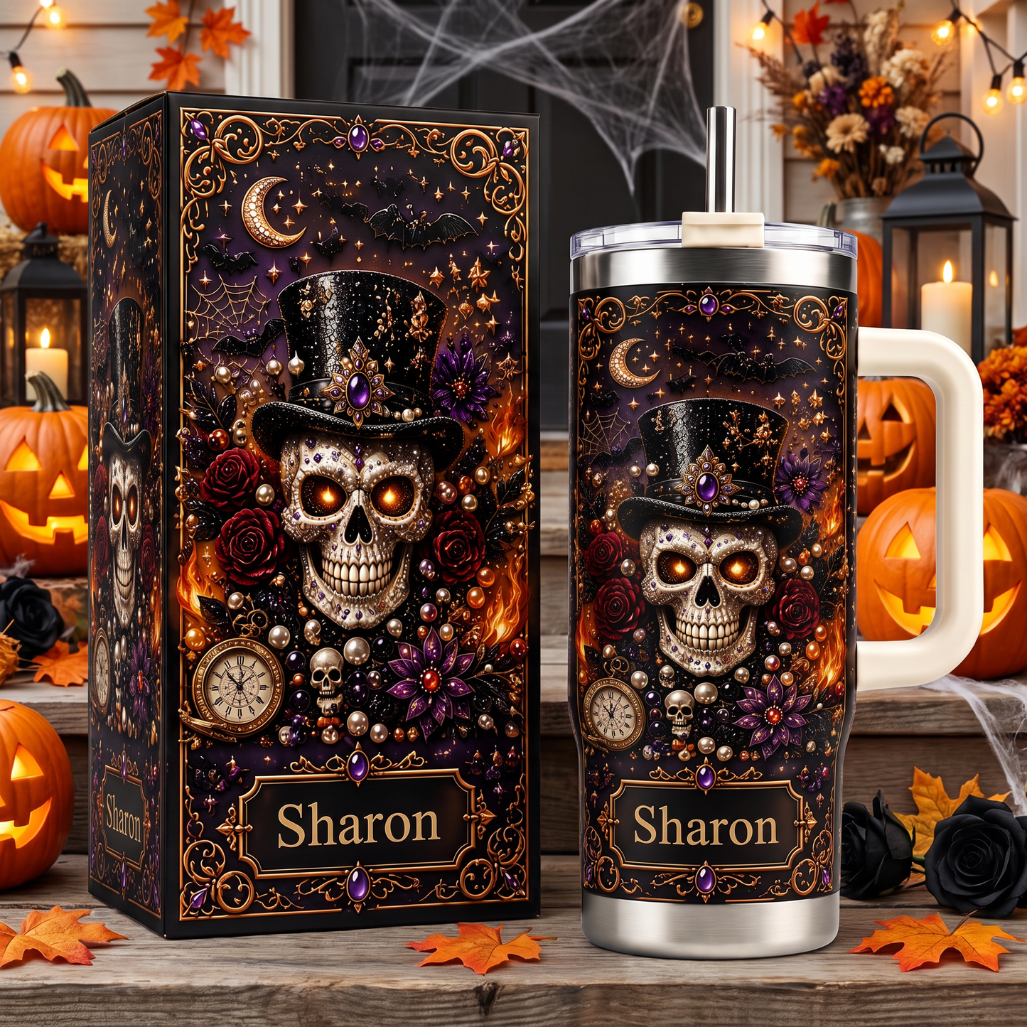 Personalized Gothic Skull Halloween Tumbler With Name