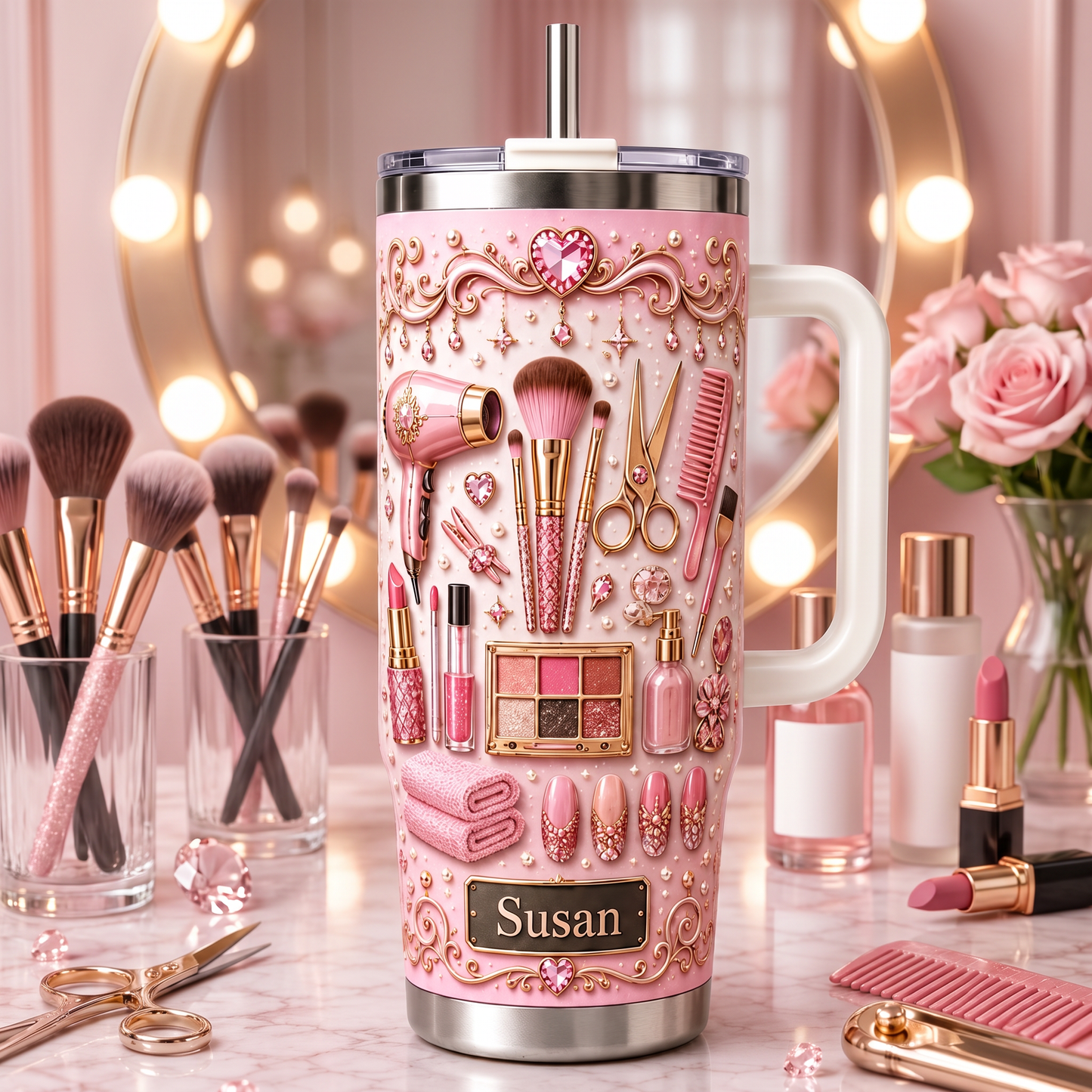 Personalized pink makeup-themed tumbler