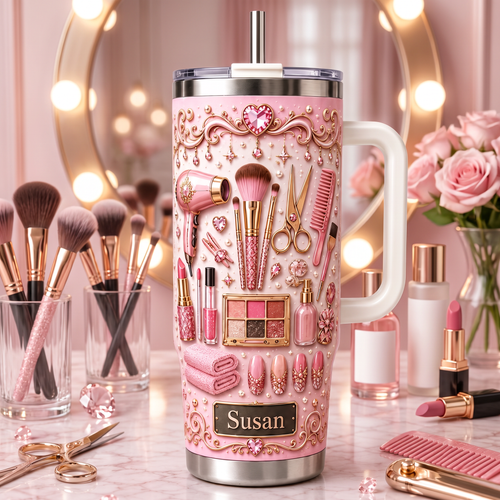 Personalized pink makeup-themed tumbler