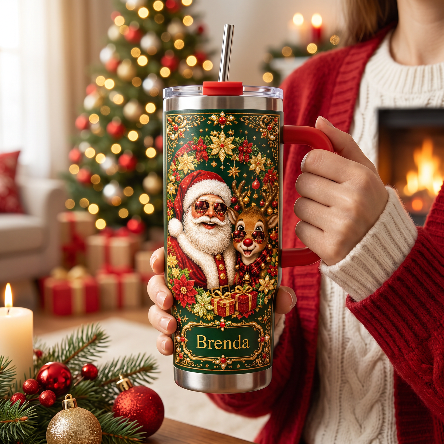 Personalized Vintage Santa & Reindeer Christmas Tumbler With Name