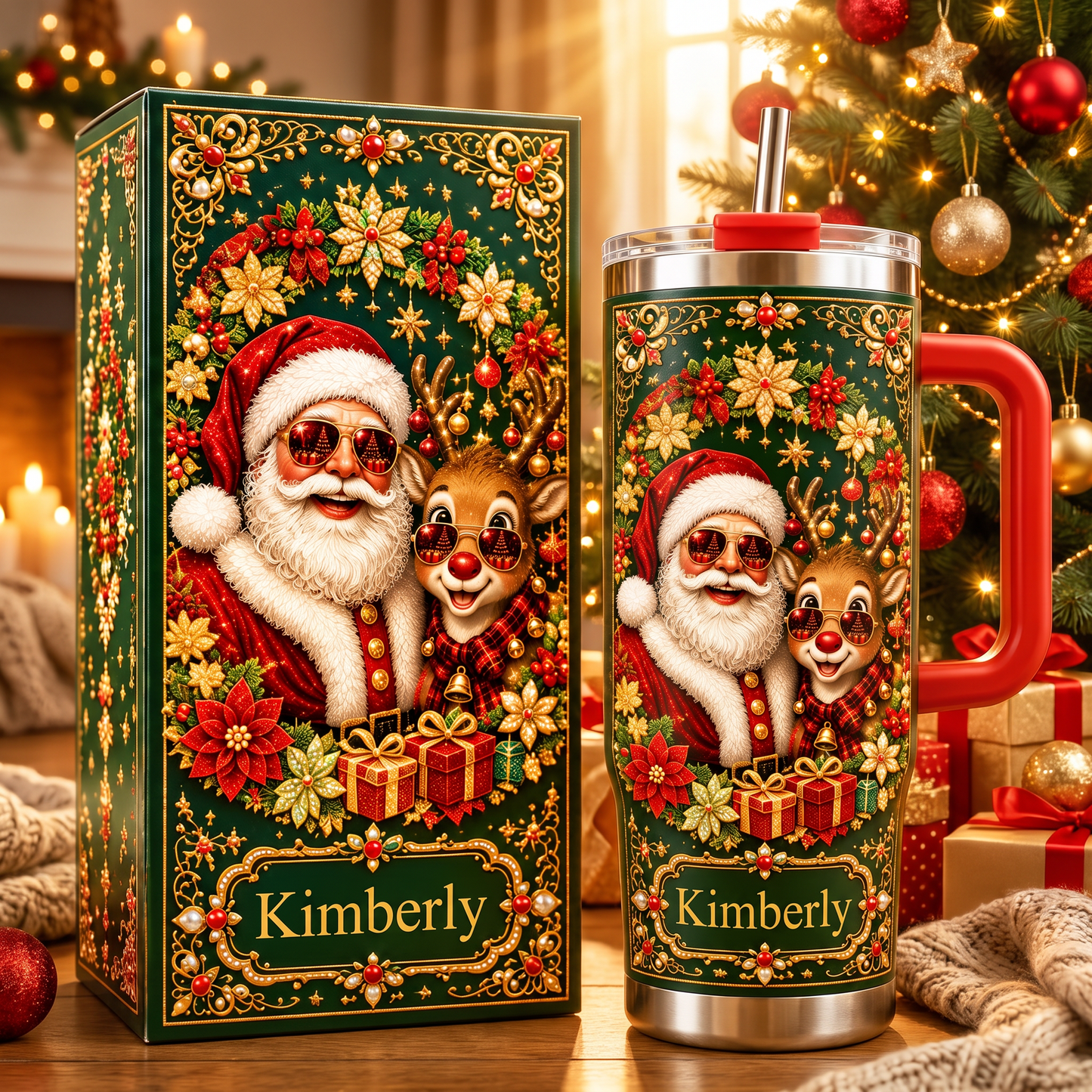 Personalized Vintage Santa & Reindeer Christmas Tumbler With Name