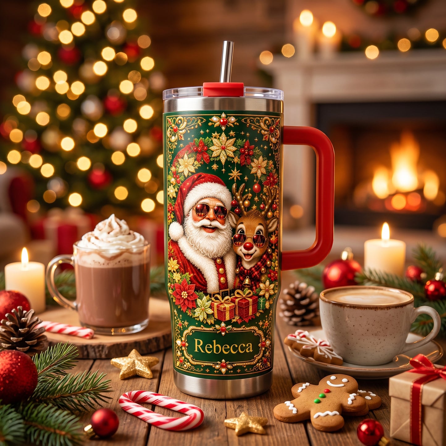Personalized Vintage Santa & Reindeer Christmas Tumbler With Name