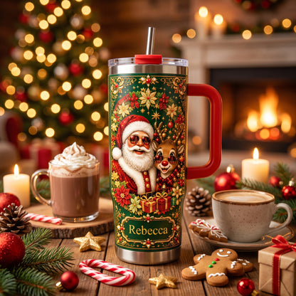 Personalized Vintage Santa & Reindeer Christmas Tumbler With Name