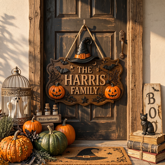 Personalized Halloween Family Name Door Sign with Witch Hat