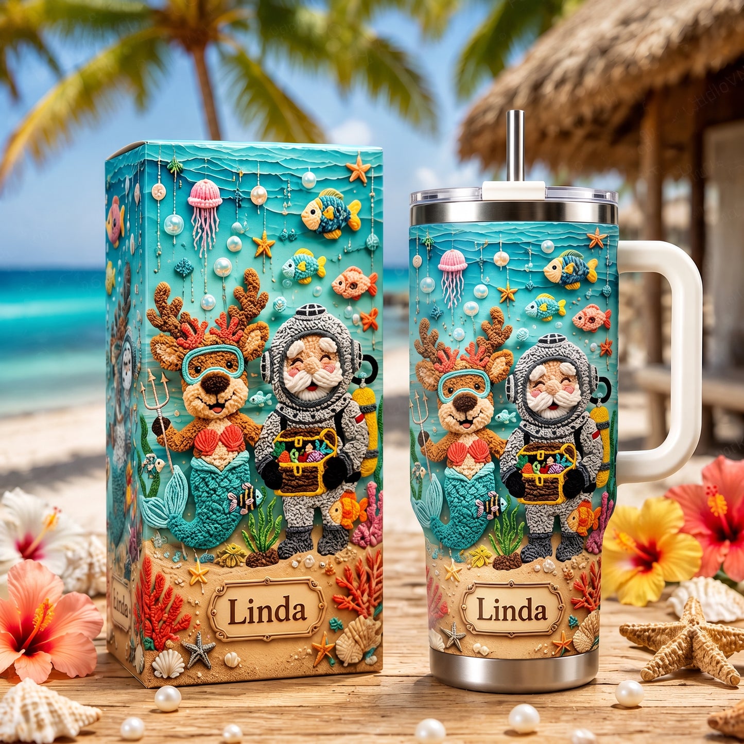 Personalized Beach Christmas Santa & Mermaid Reindeer Tumbler With Name