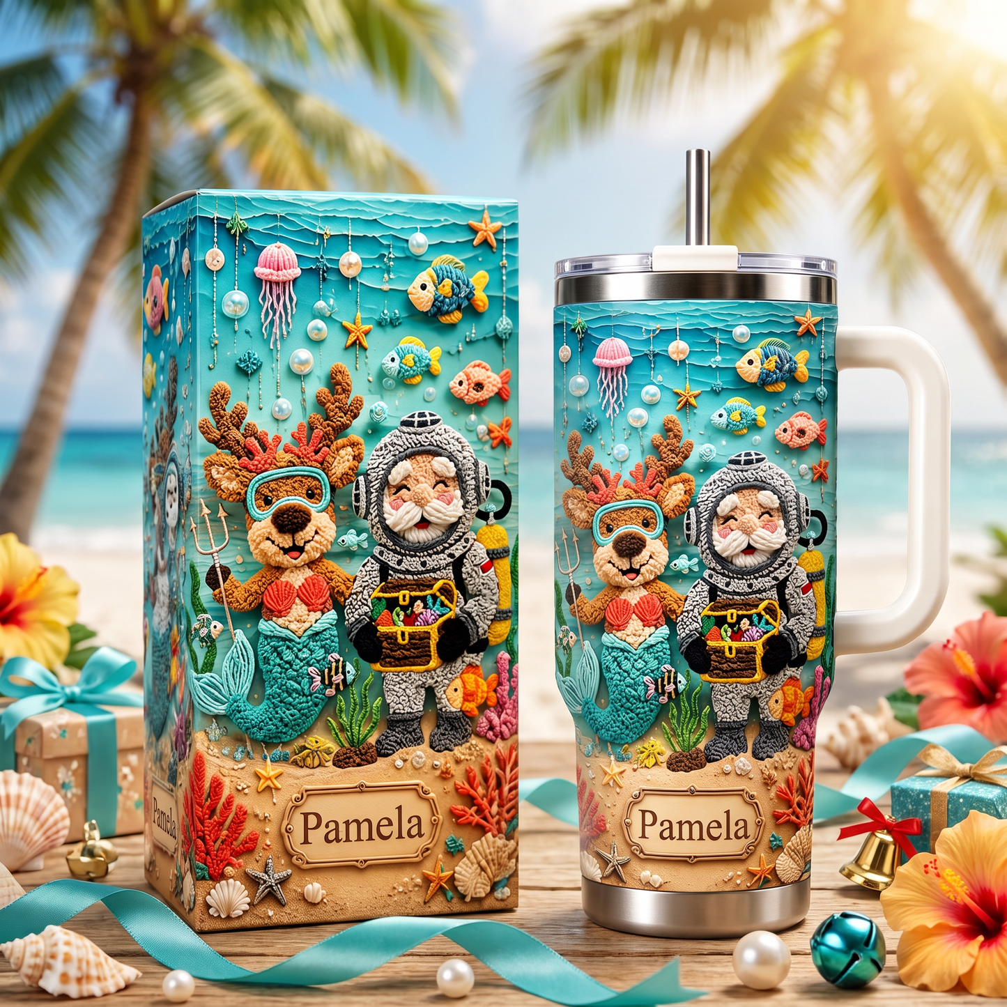 Personalized Beach Christmas Santa & Mermaid Reindeer Tumbler With Name
