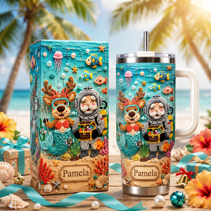 Personalized Beach Christmas Santa & Mermaid Reindeer Tumbler With Name