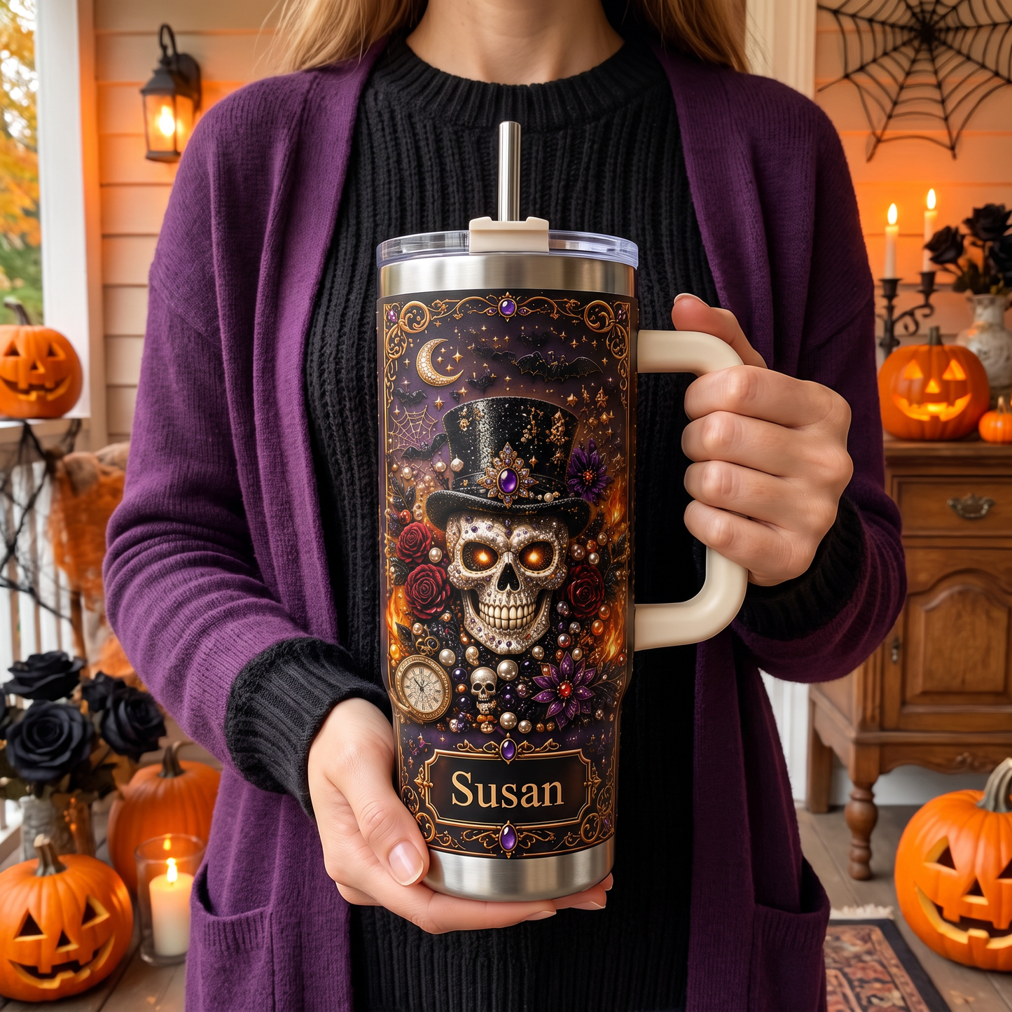 Personalized Gothic Skull Halloween Tumbler With Name