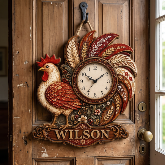 Personalized Rooster Wall Clock Rustic Farmhouse Chicken Decor