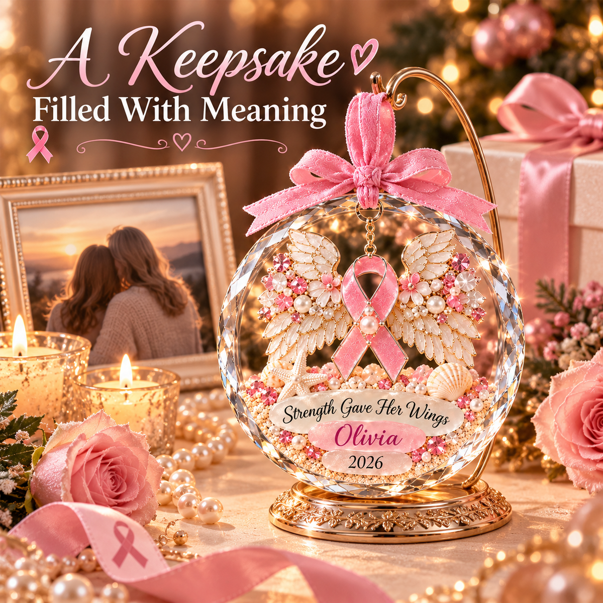 🎀 Personalized Breast Cancer Fighter Crystal Christmas Ornament